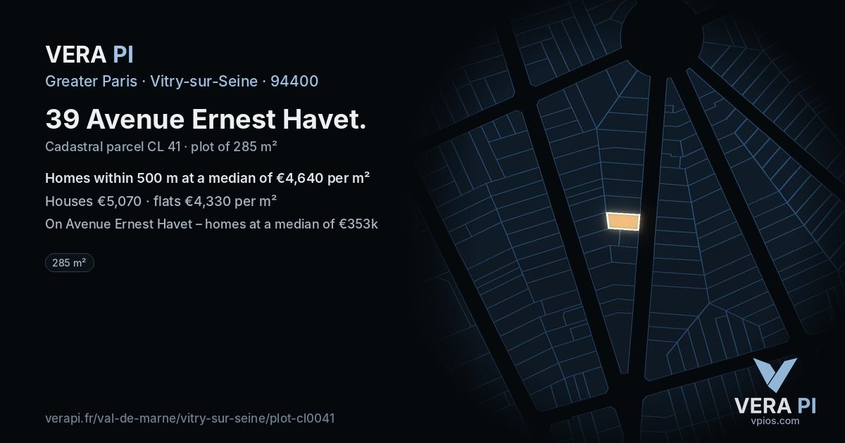 39 Avenue Ernest Havet, Vitry-sur-Seine at night – the plot lit, the parcels around coloured by the prices near them