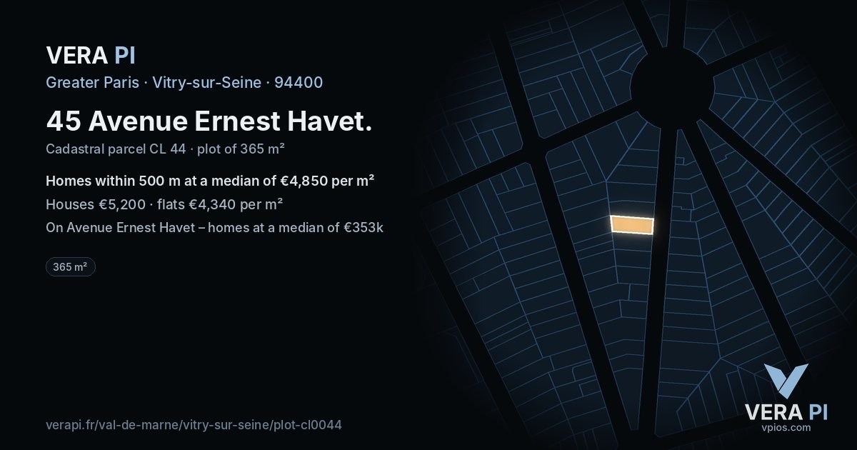 45 Avenue Ernest Havet, Vitry-sur-Seine at night – the plot lit, the parcels around coloured by the prices near them