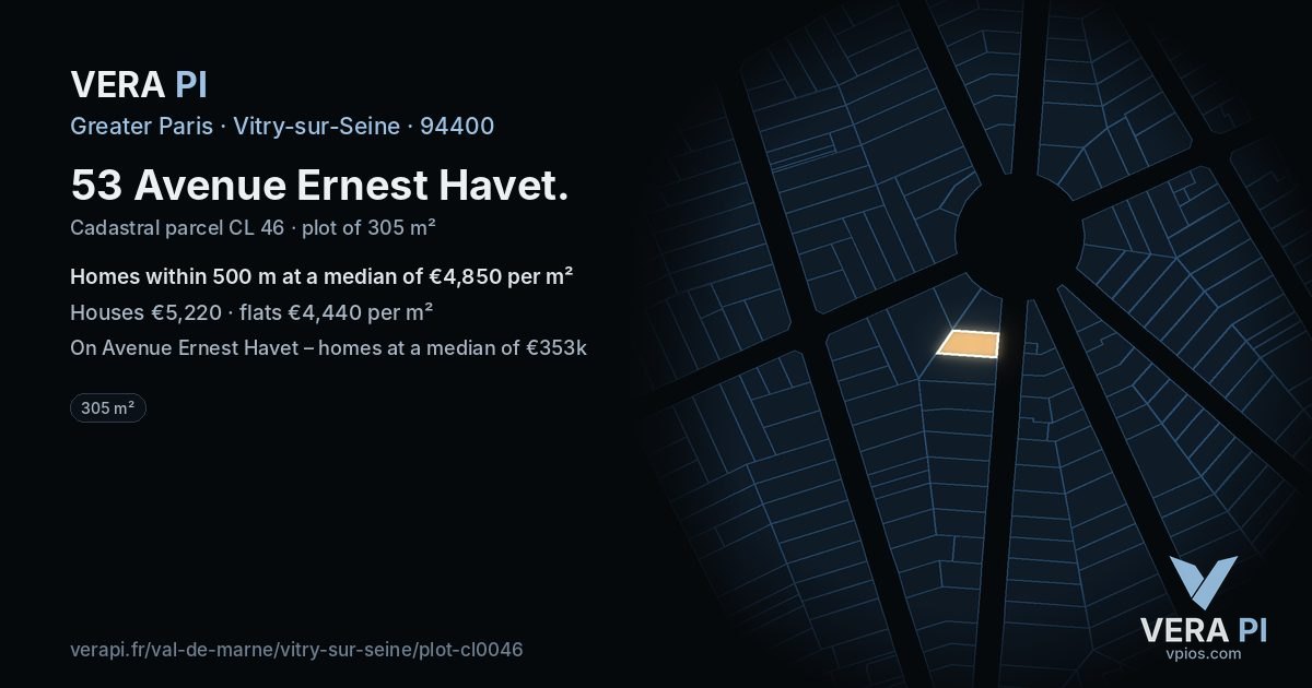 53 Avenue Ernest Havet, Vitry-sur-Seine at night – the plot lit, the parcels around coloured by the prices near them