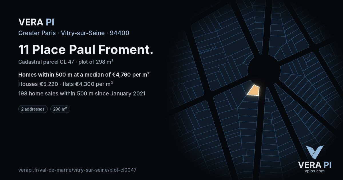 11 Place Paul Froment, Vitry-sur-Seine at night – the plot lit, the parcels around coloured by the prices near them