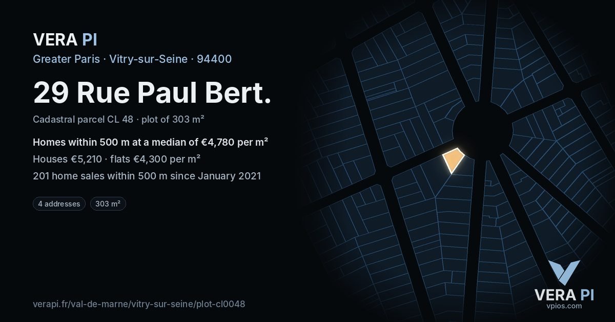 29 Rue Paul Bert, Vitry-sur-Seine at night – the plot lit, the parcels around coloured by the prices near them