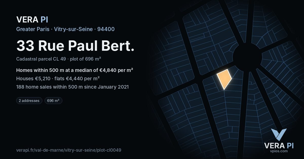 33 Rue Paul Bert, Vitry-sur-Seine at night – the plot lit, the parcels around coloured by the prices near them