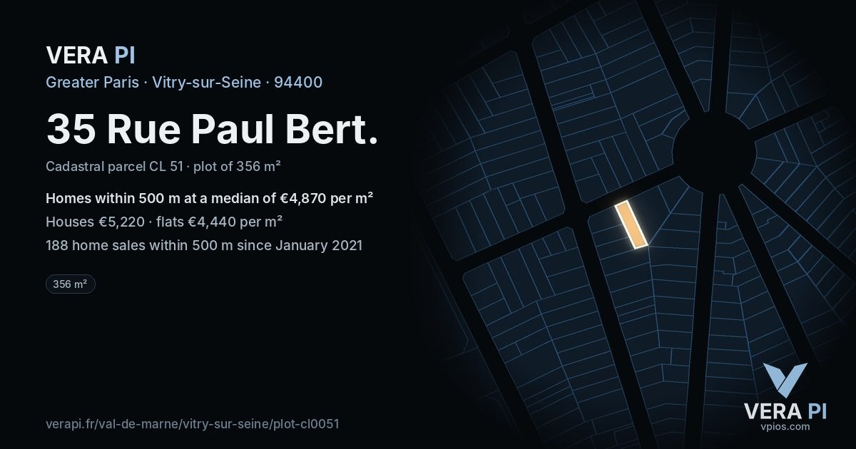 35 Rue Paul Bert, Vitry-sur-Seine at night – the plot lit, the parcels around coloured by the prices near them