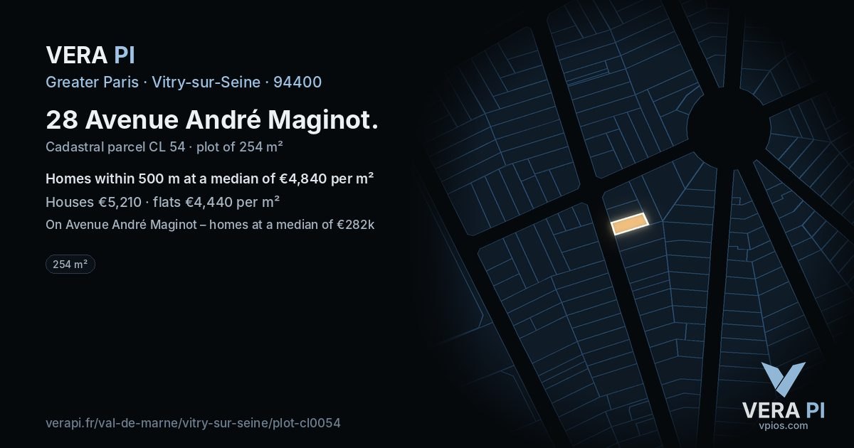 28 Avenue André Maginot, Vitry-sur-Seine at night – the plot lit, the parcels around coloured by the prices near them