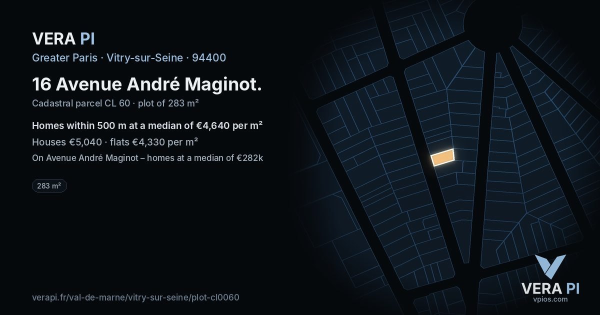 16 Avenue André Maginot, Vitry-sur-Seine at night – the plot lit, the parcels around coloured by the prices near them