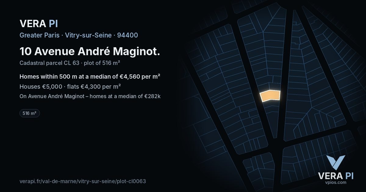 10 Avenue André Maginot, Vitry-sur-Seine at night – the plot lit, the parcels around coloured by the prices near them