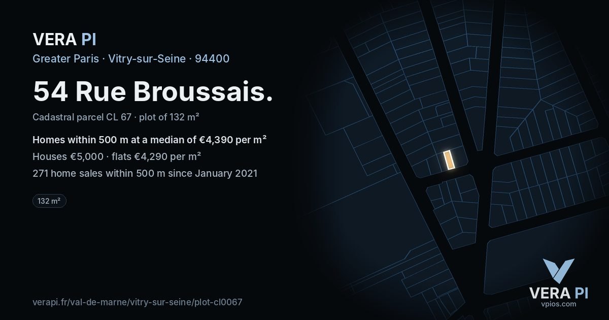54 Rue Broussais, Vitry-sur-Seine at night – the plot lit, the parcels around coloured by the prices near them