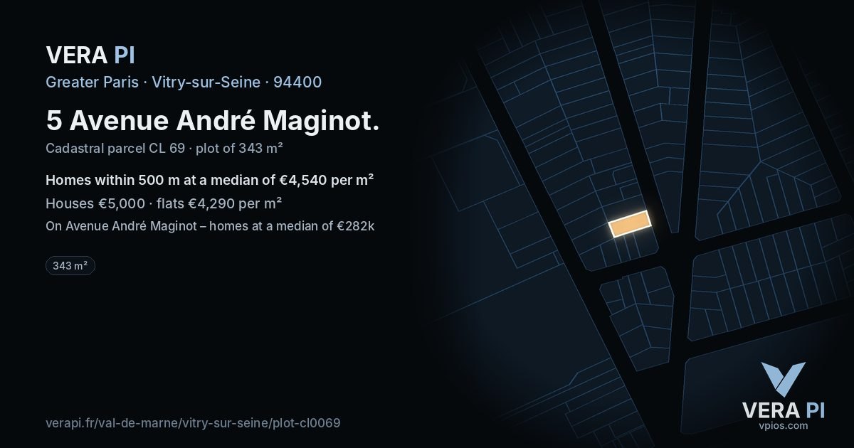 5 Avenue André Maginot, Vitry-sur-Seine at night – the plot lit, the parcels around coloured by the prices near them
