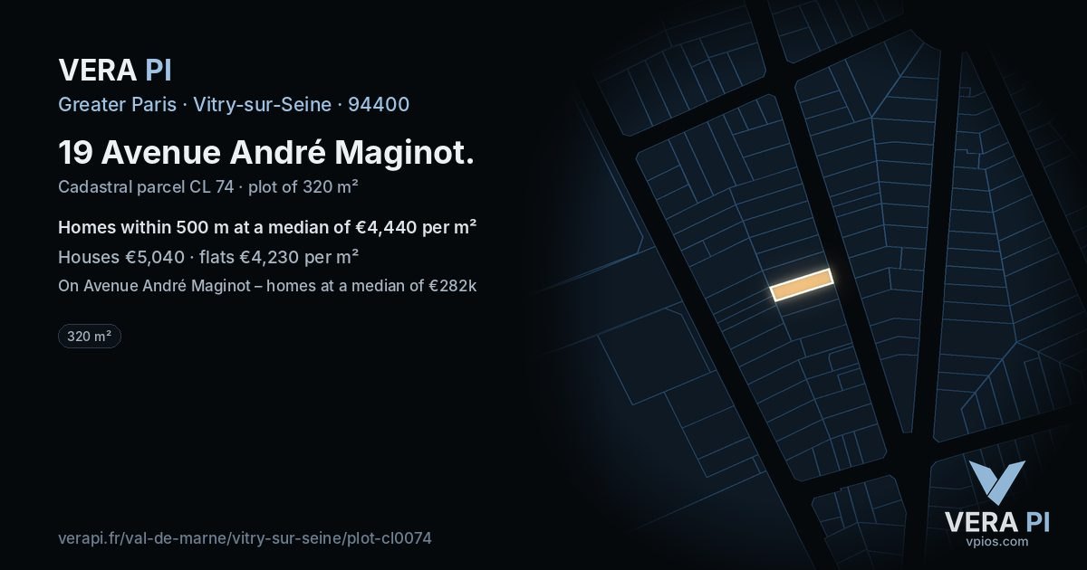 19 Avenue André Maginot, Vitry-sur-Seine at night – the plot lit, the parcels around coloured by the prices near them