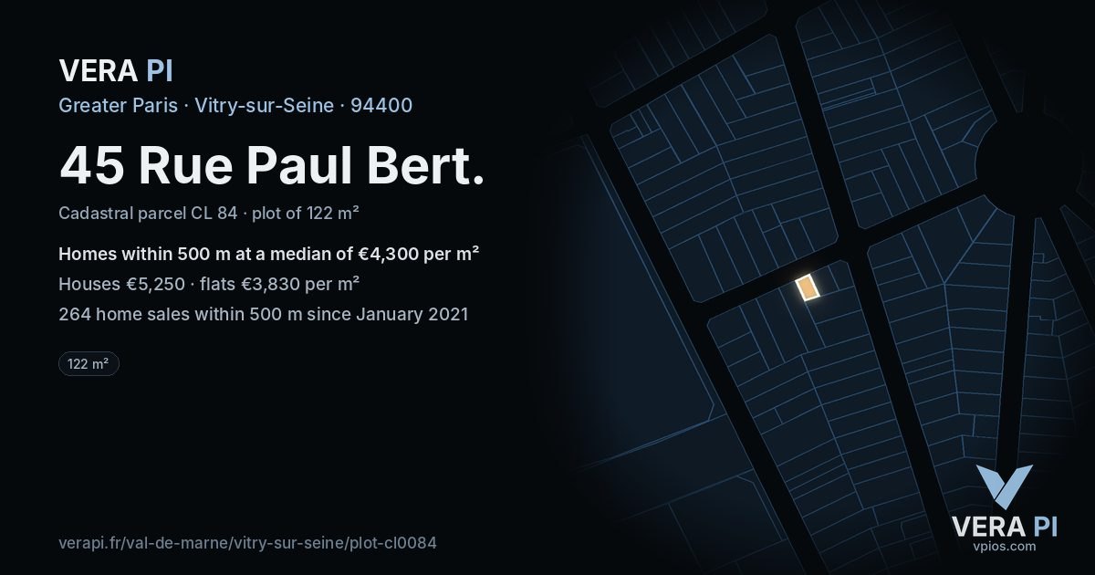 45 Rue Paul Bert, Vitry-sur-Seine at night – the plot lit, the parcels around coloured by the prices near them