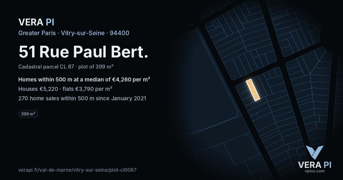 51 Rue Paul Bert, Vitry-sur-Seine at night – the plot lit, the parcels around coloured by the prices near them