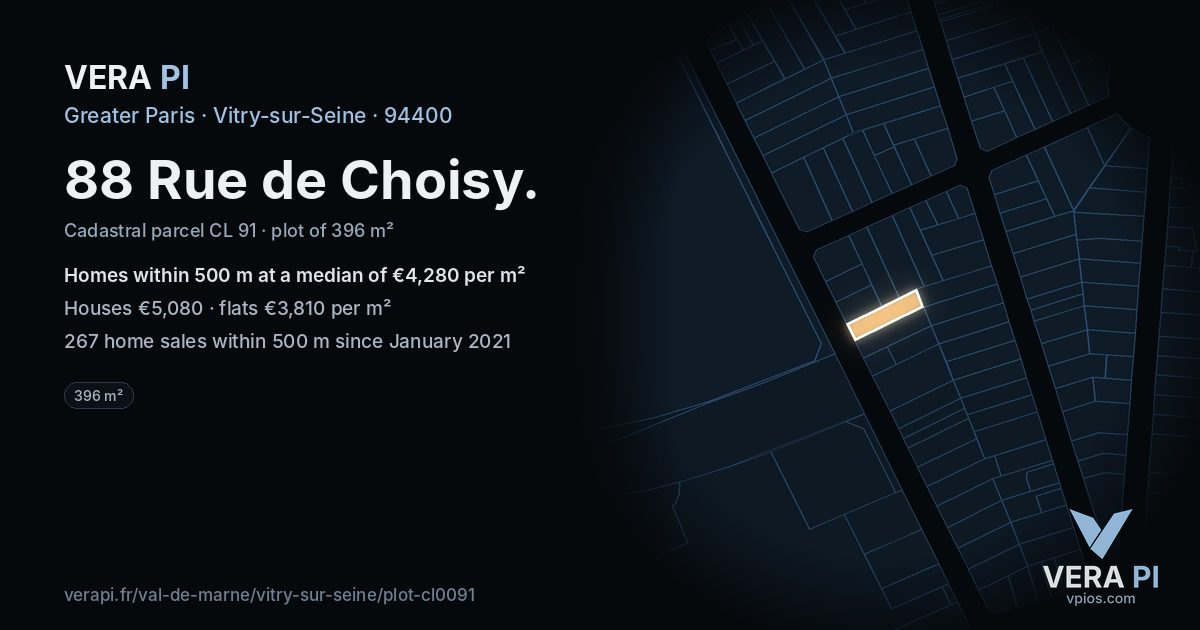 88 Rue de Choisy, Vitry-sur-Seine at night – the plot lit, the parcels around coloured by the prices near them