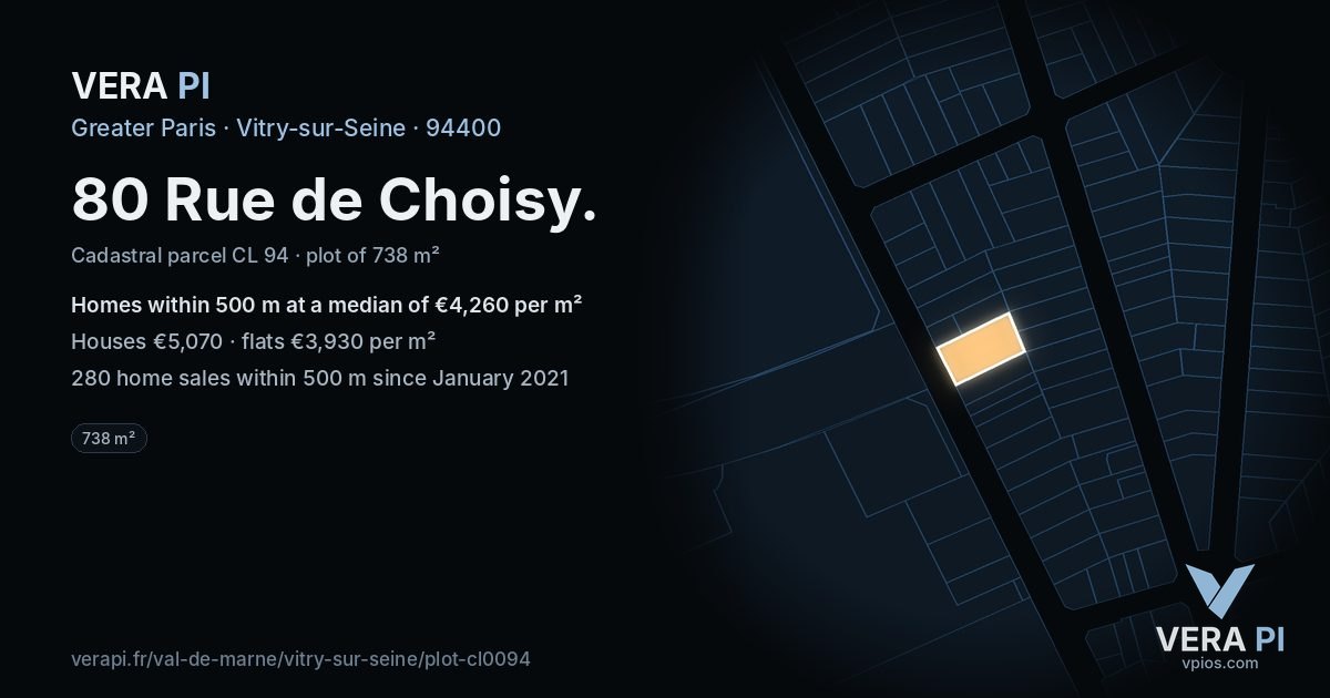 80 Rue de Choisy, Vitry-sur-Seine at night – the plot lit, the parcels around coloured by the prices near them
