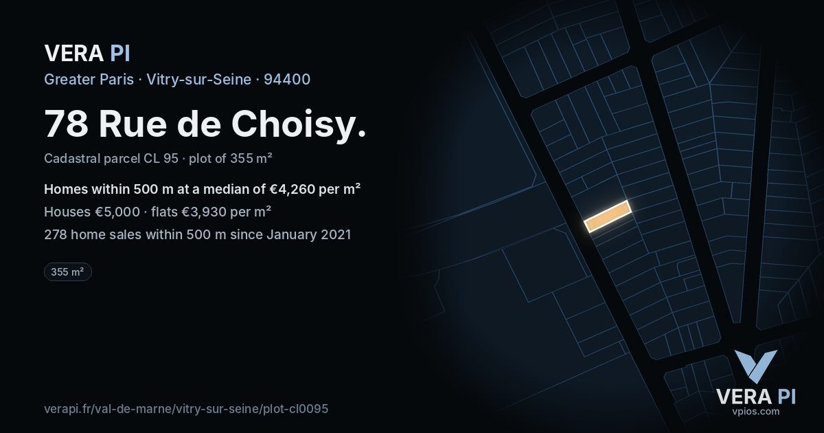 78 Rue de Choisy, Vitry-sur-Seine at night – the plot lit, the parcels around coloured by the prices near them