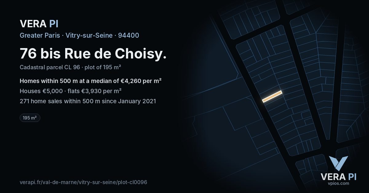76 bis Rue de Choisy, Vitry-sur-Seine at night – the plot lit, the parcels around coloured by the prices near them