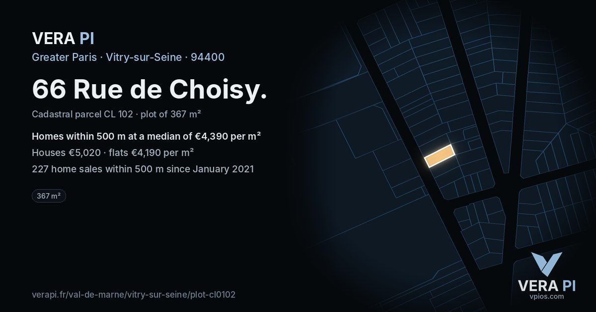 66 Rue de Choisy, Vitry-sur-Seine at night – the plot lit, the parcels around coloured by the prices near them