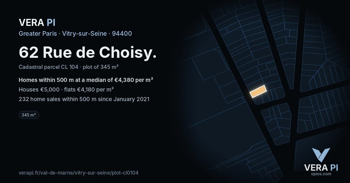 62 Rue de Choisy, Vitry-sur-Seine at night – the plot lit, the parcels around coloured by the prices near them