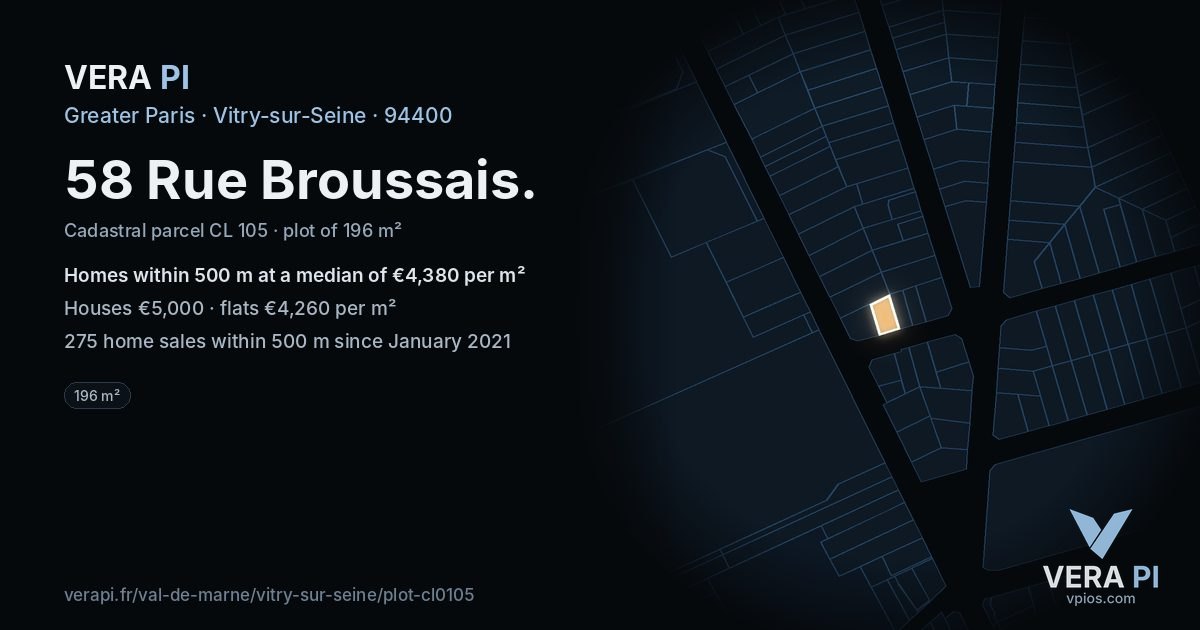 58 Rue Broussais, Vitry-sur-Seine at night – the plot lit, the parcels around coloured by the prices near them
