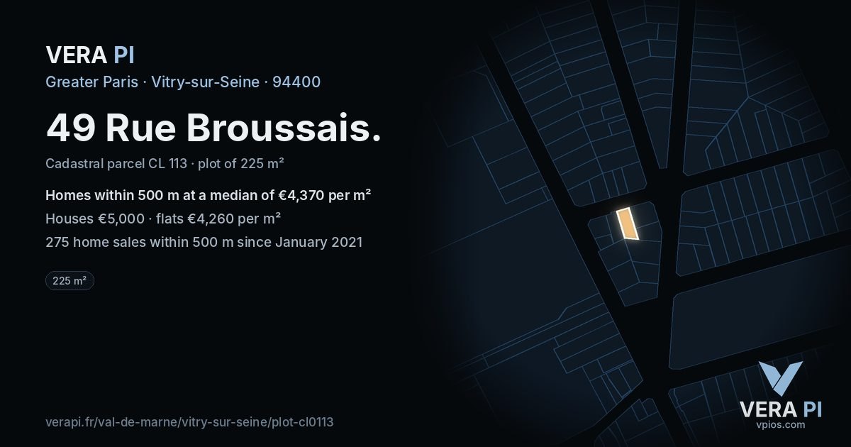 49 Rue Broussais, Vitry-sur-Seine at night – the plot lit, the parcels around coloured by the prices near them