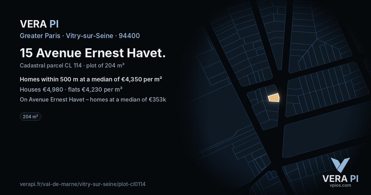 15 Avenue Ernest Havet, Vitry-sur-Seine at night – the plot lit, the parcels around coloured by the prices near them