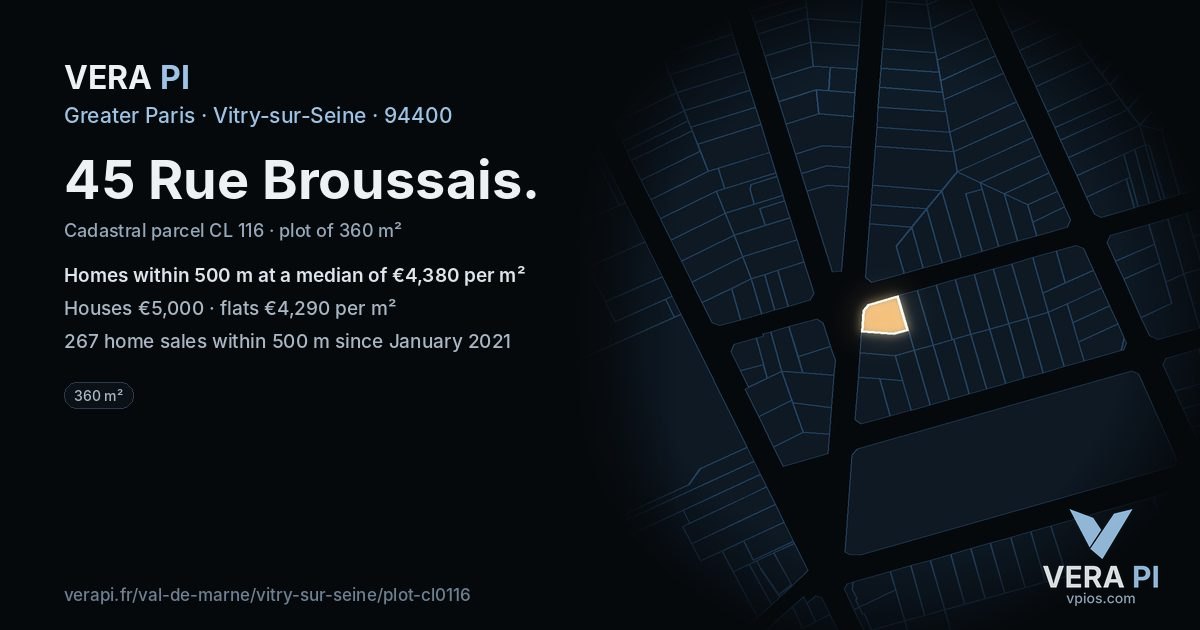 45 Rue Broussais, Vitry-sur-Seine at night – the plot lit, the parcels around coloured by the prices near them