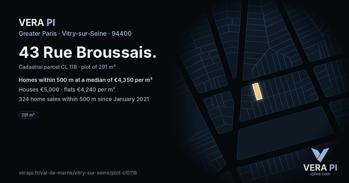 43 Rue Broussais, Vitry-sur-Seine at night – the plot lit, the parcels around coloured by the prices near them