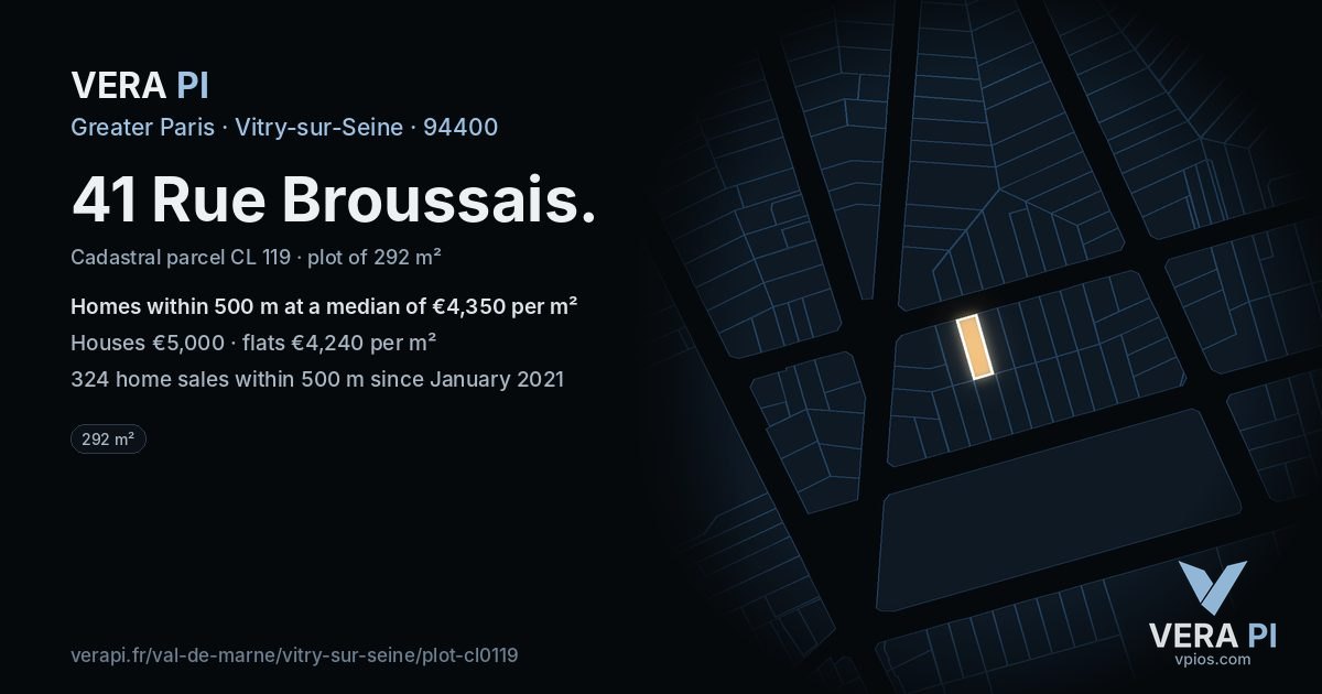 41 Rue Broussais, Vitry-sur-Seine at night – the plot lit, the parcels around coloured by the prices near them