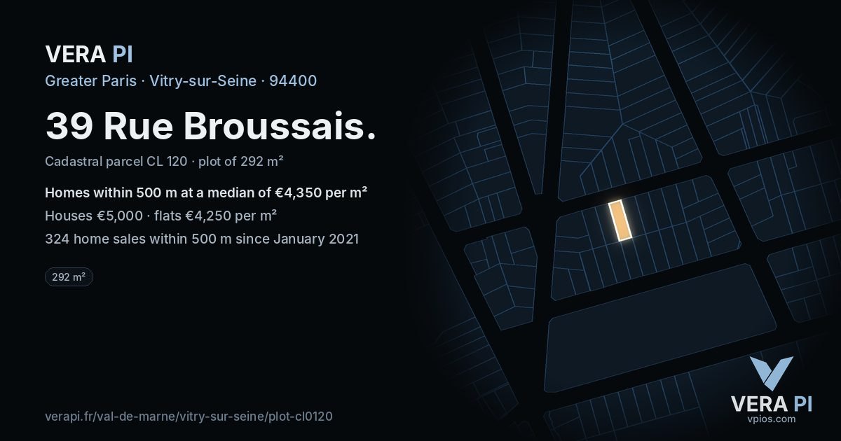 39 Rue Broussais, Vitry-sur-Seine at night – the plot lit, the parcels around coloured by the prices near them