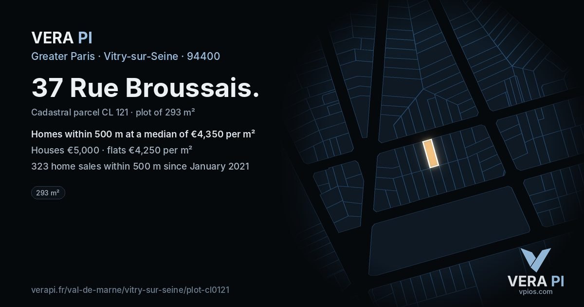 37 Rue Broussais, Vitry-sur-Seine at night – the plot lit, the parcels around coloured by the prices near them