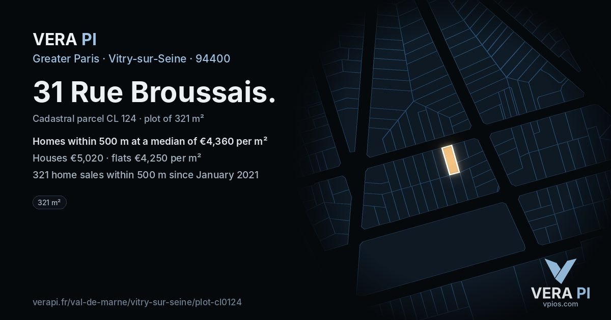 31 Rue Broussais, Vitry-sur-Seine at night – the plot lit, the parcels around coloured by the prices near them