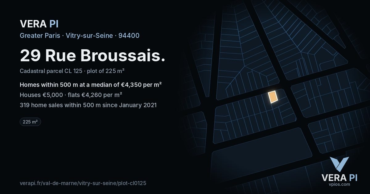 29 Rue Broussais, Vitry-sur-Seine at night – the plot lit, the parcels around coloured by the prices near them