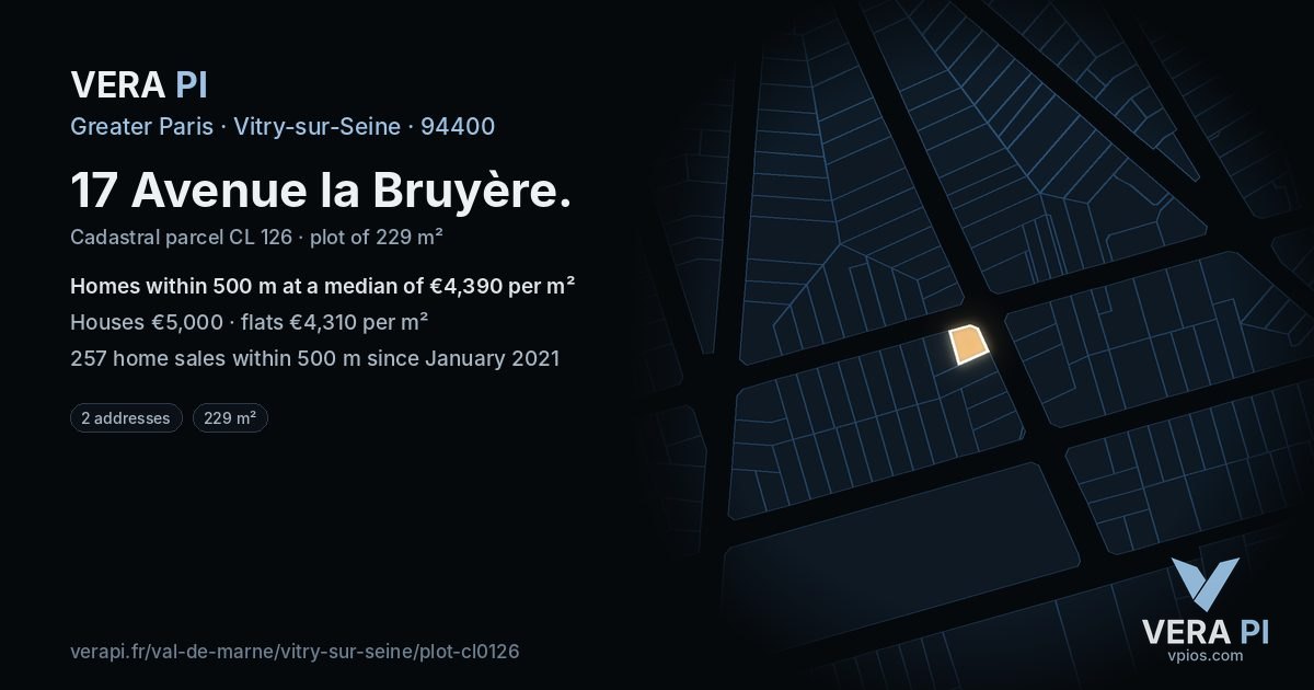 17 Avenue la Bruyère, Vitry-sur-Seine at night – the plot lit, the parcels around coloured by the prices near them