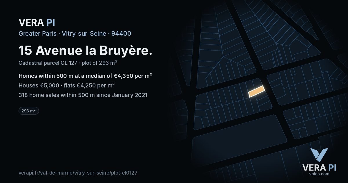15 Avenue la Bruyère, Vitry-sur-Seine at night – the plot lit, the parcels around coloured by the prices near them