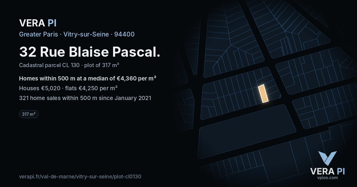32 Rue Blaise Pascal, Vitry-sur-Seine at night – the plot lit, the parcels around coloured by the prices near them