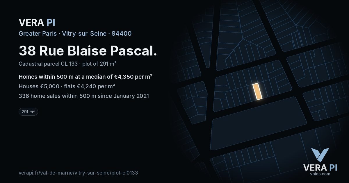 38 Rue Blaise Pascal, Vitry-sur-Seine at night – the plot lit, the parcels around coloured by the prices near them