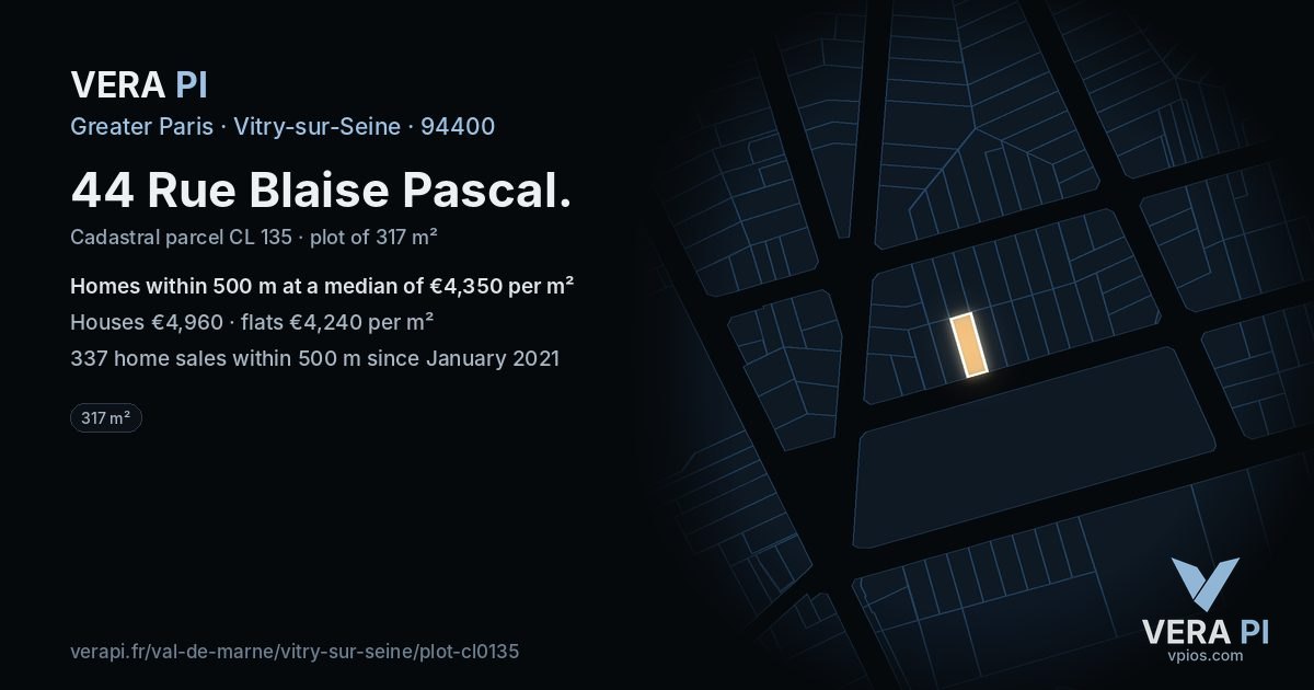 44 Rue Blaise Pascal, Vitry-sur-Seine at night – the plot lit, the parcels around coloured by the prices near them
