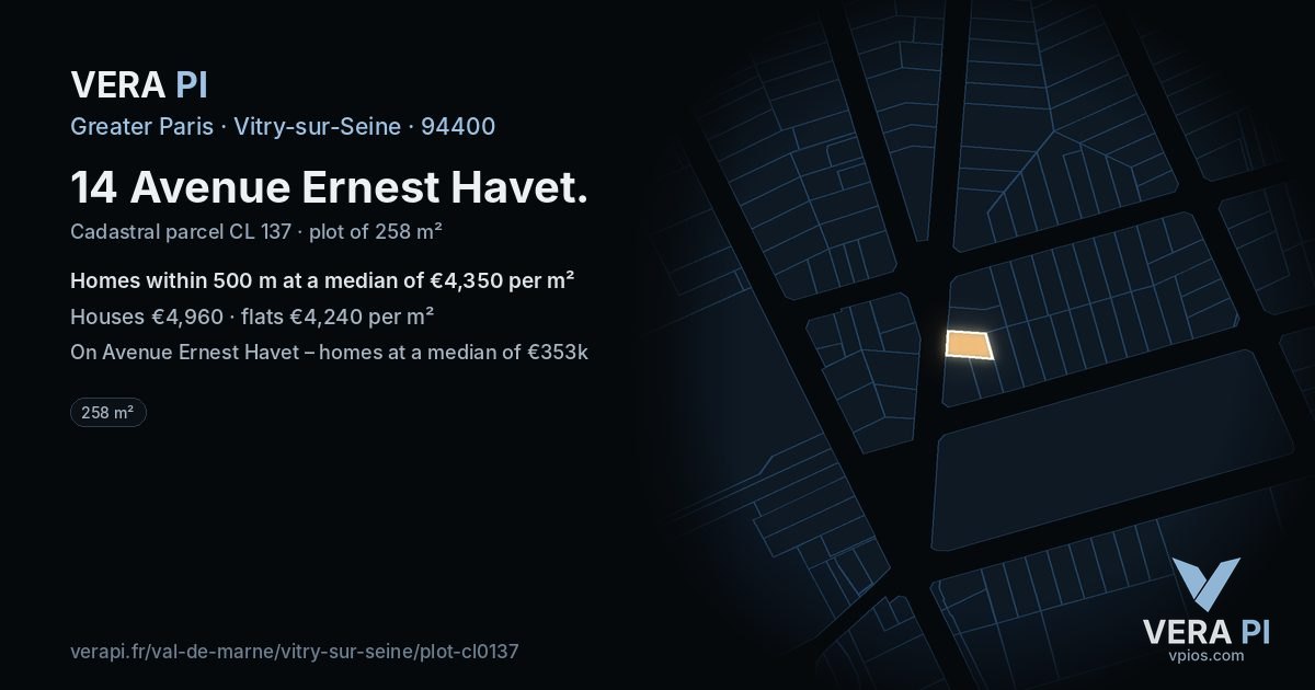 14 Avenue Ernest Havet, Vitry-sur-Seine at night – the plot lit, the parcels around coloured by the prices near them