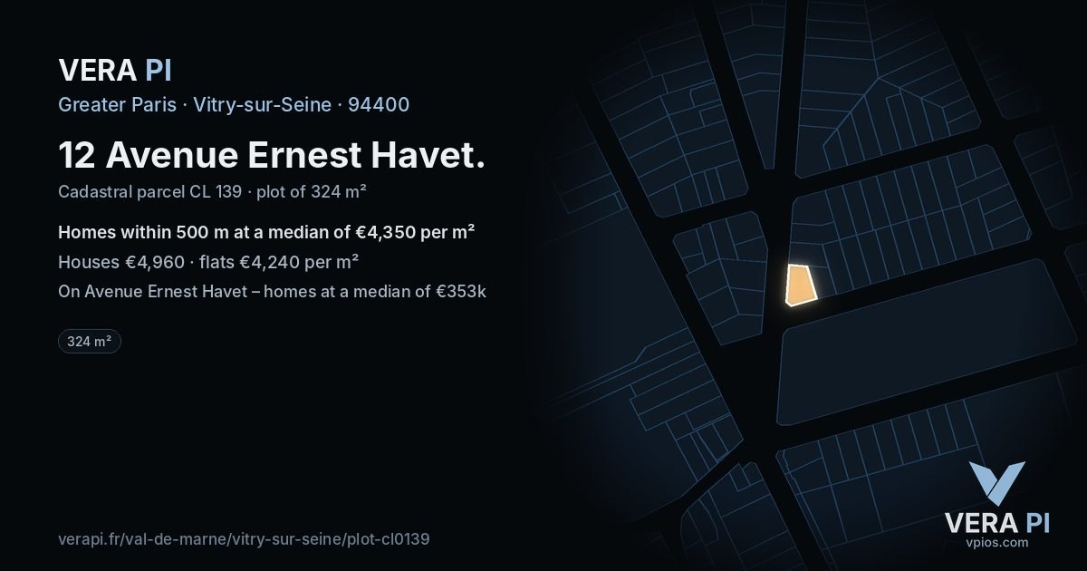 12 Avenue Ernest Havet, Vitry-sur-Seine at night – the plot lit, the parcels around coloured by the prices near them