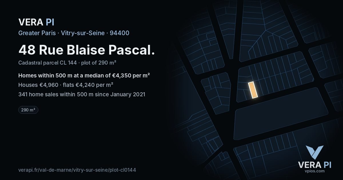 48 Rue Blaise Pascal, Vitry-sur-Seine at night – the plot lit, the parcels around coloured by the prices near them