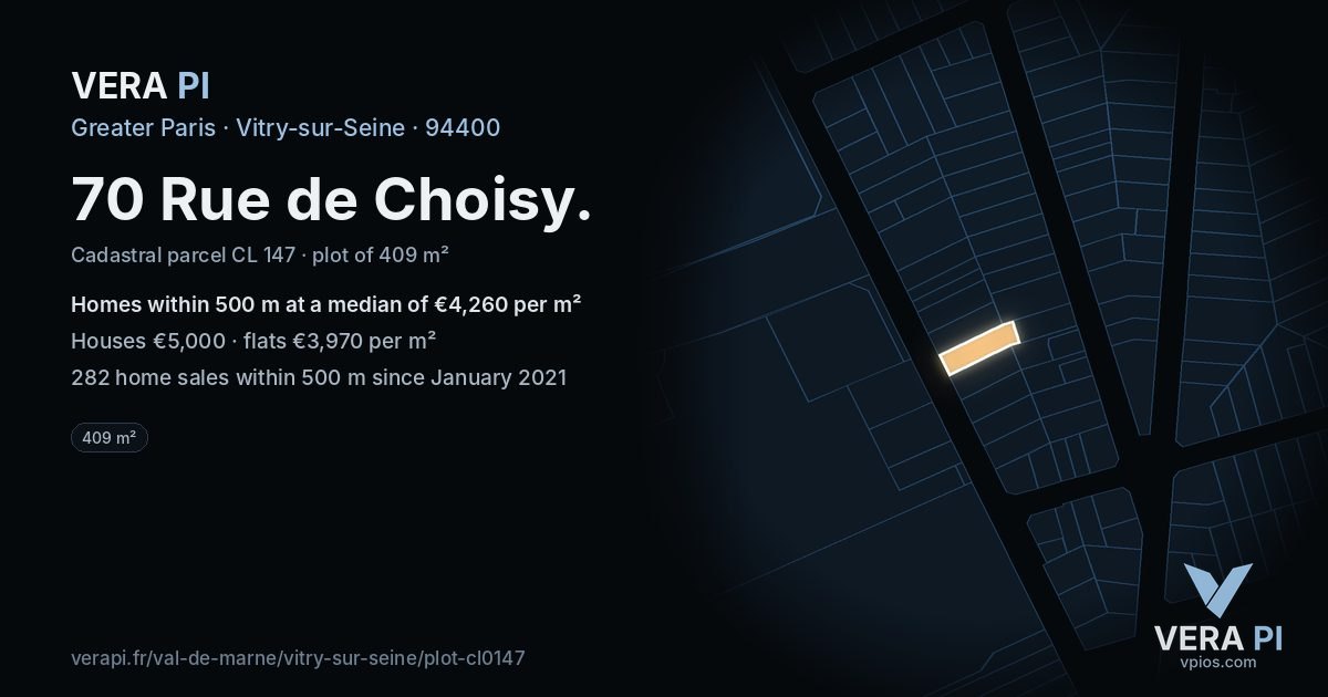 70 Rue de Choisy, Vitry-sur-Seine at night – the plot lit, the parcels around coloured by the prices near them
