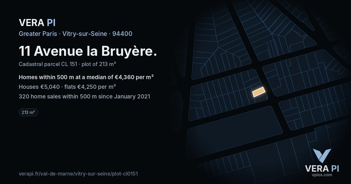 11 Avenue la Bruyère, Vitry-sur-Seine at night – the plot lit, the parcels around coloured by the prices near them