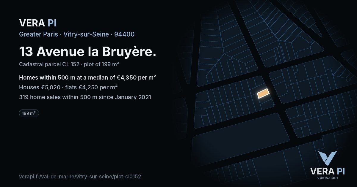 13 Avenue la Bruyère, Vitry-sur-Seine at night – the plot lit, the parcels around coloured by the prices near them