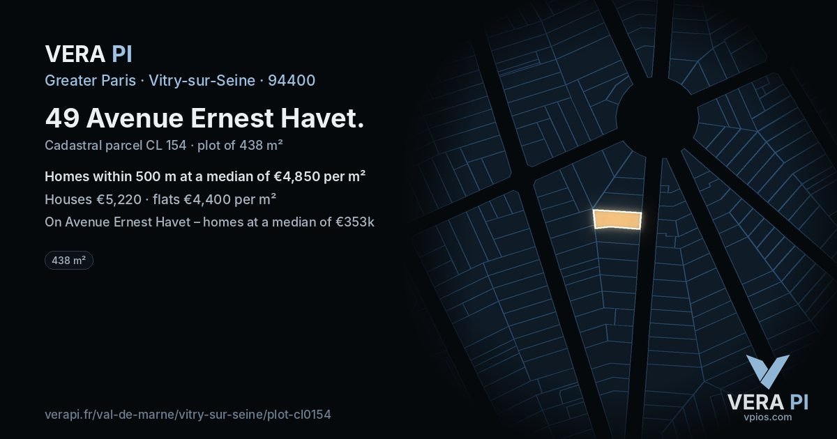 49 Avenue Ernest Havet, Vitry-sur-Seine at night – the plot lit, the parcels around coloured by the prices near them