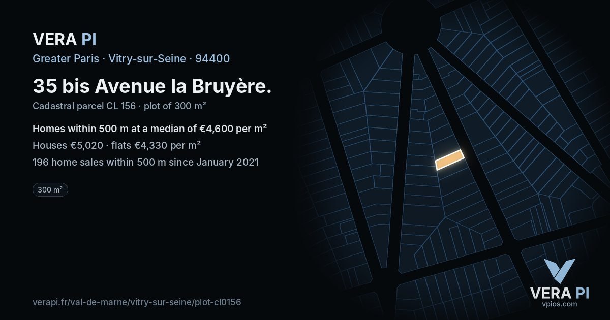 35 bis Avenue la Bruyère, Vitry-sur-Seine at night – the plot lit, the parcels around coloured by the prices near them