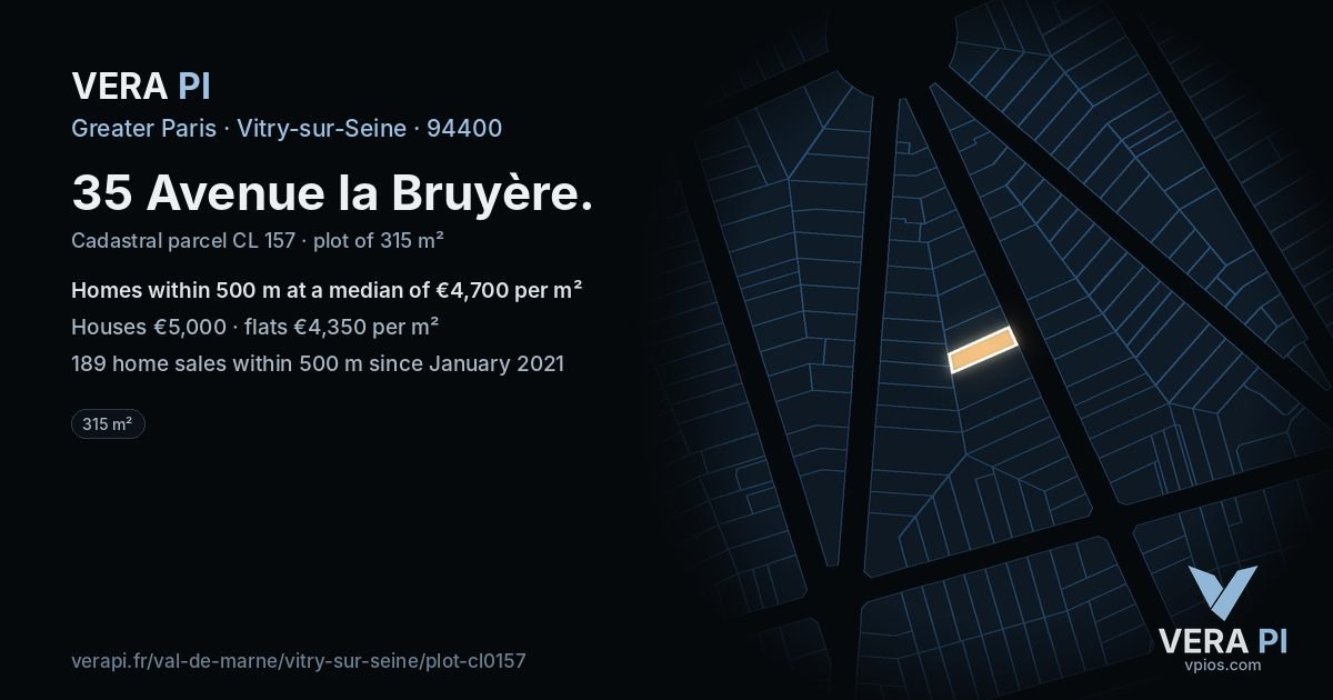 35 Avenue la Bruyère, Vitry-sur-Seine at night – the plot lit, the parcels around coloured by the prices near them