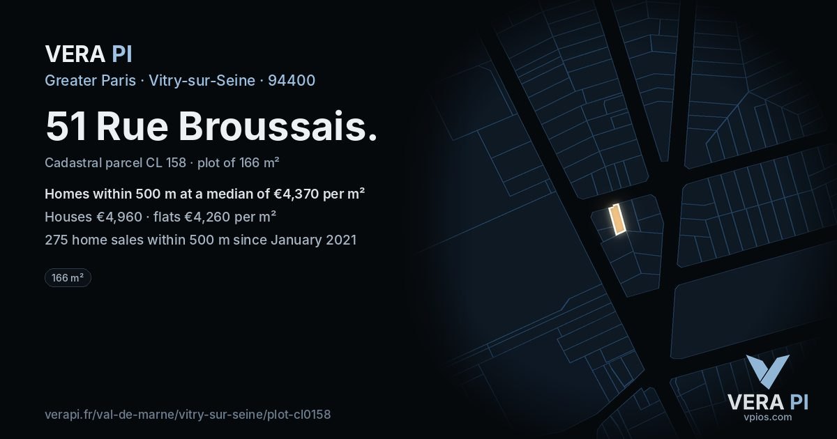 51 Rue Broussais, Vitry-sur-Seine at night – the plot lit, the parcels around coloured by the prices near them