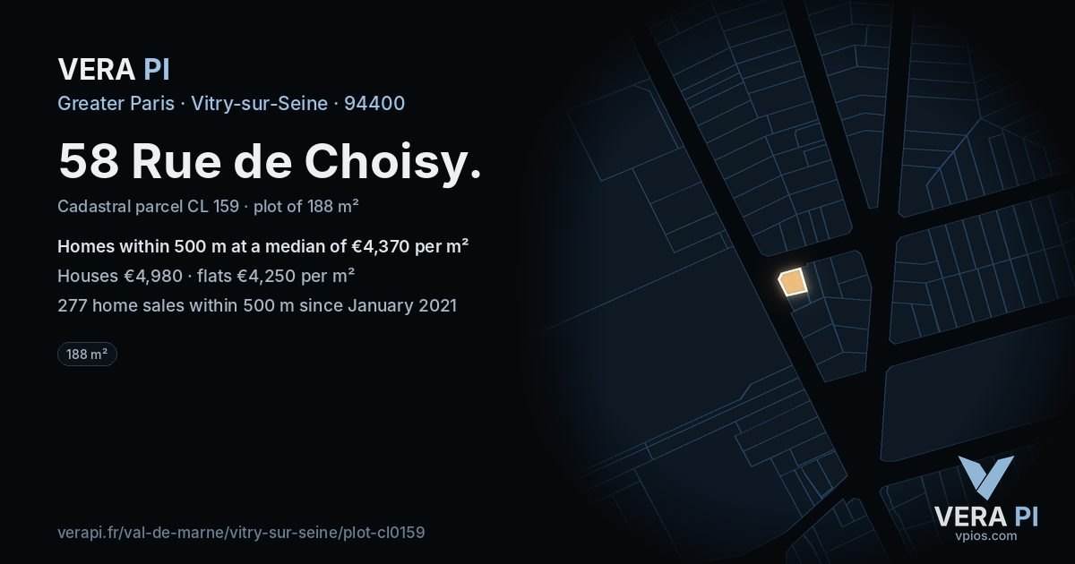 58 Rue de Choisy, Vitry-sur-Seine at night – the plot lit, the parcels around coloured by the prices near them