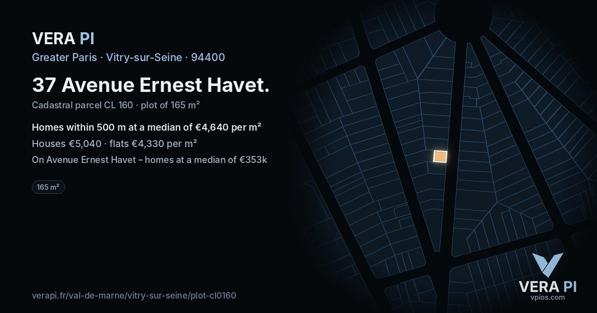 37 Avenue Ernest Havet, Vitry-sur-Seine at night – the plot lit, the parcels around coloured by the prices near them