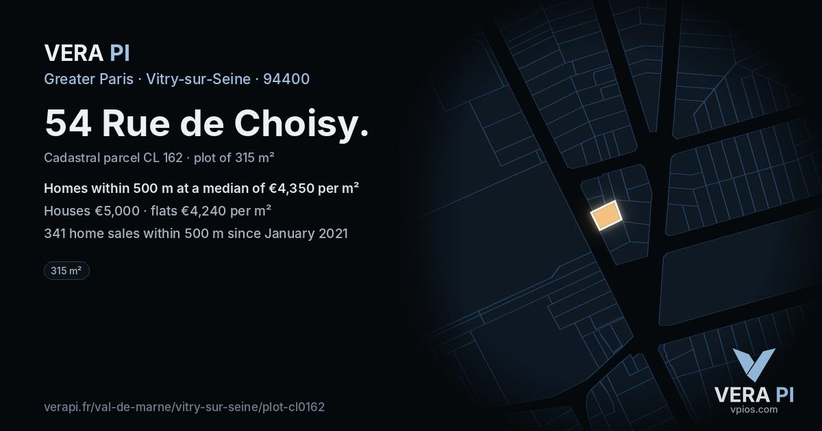 54 Rue de Choisy, Vitry-sur-Seine at night – the plot lit, the parcels around coloured by the prices near them