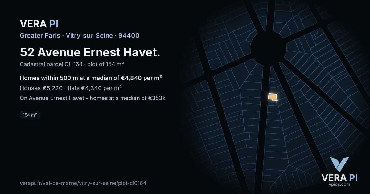 52 Avenue Ernest Havet, Vitry-sur-Seine at night – the plot lit, the parcels around coloured by the prices near them